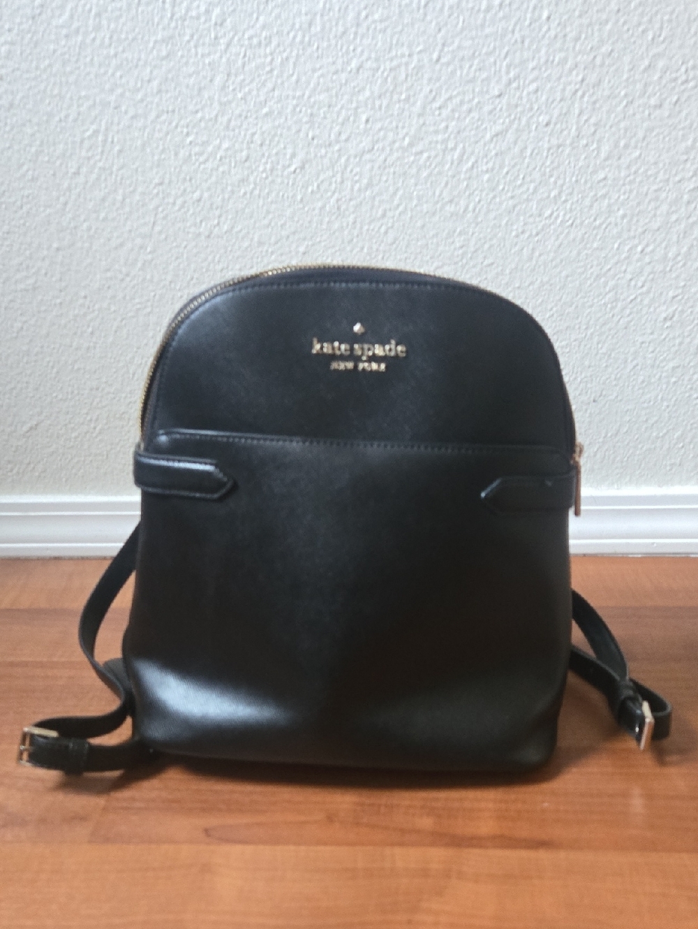 kate spade black leather mini backpack with gold logo